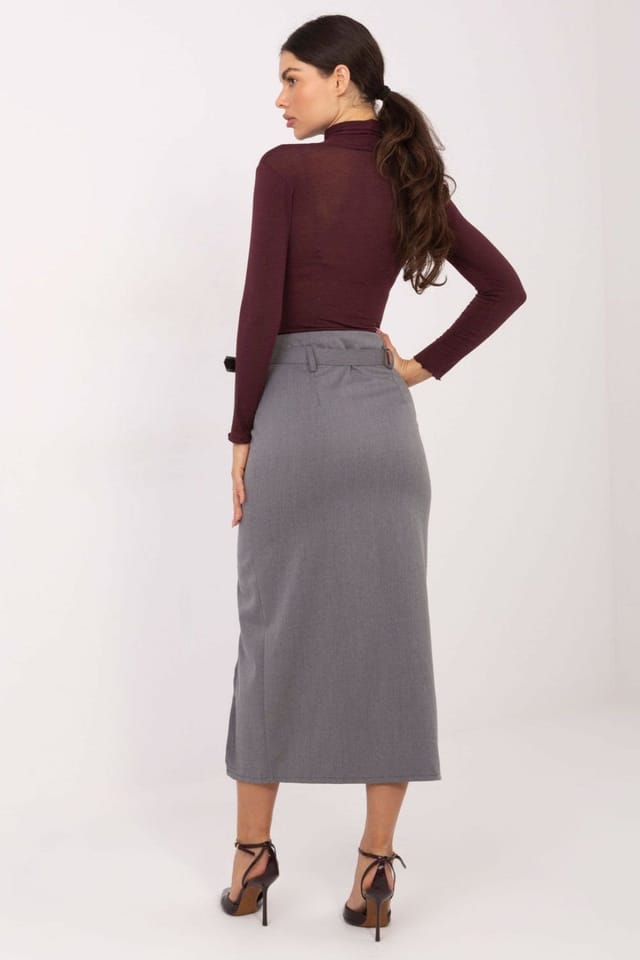 Love Lace Love Lace Women's Elegant Midi Skirt with Waist Belt & Slit in Grey - 3