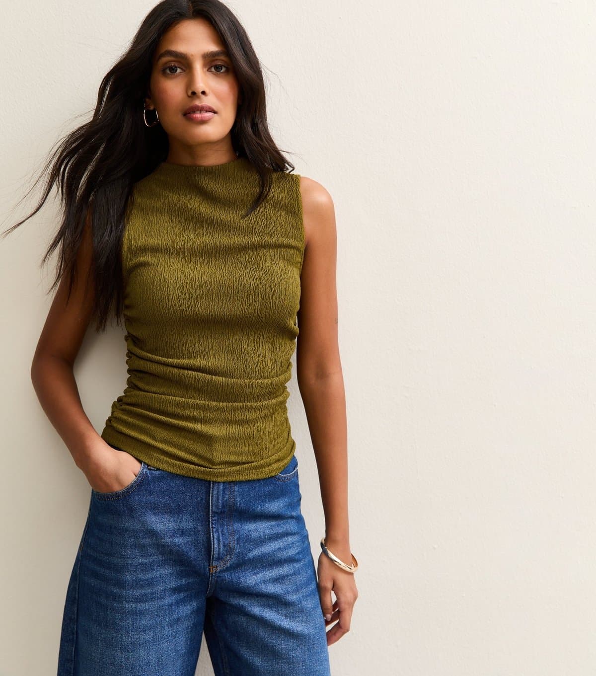 New Look Women's Green Textured Jersey Ruched Tank Top New Look