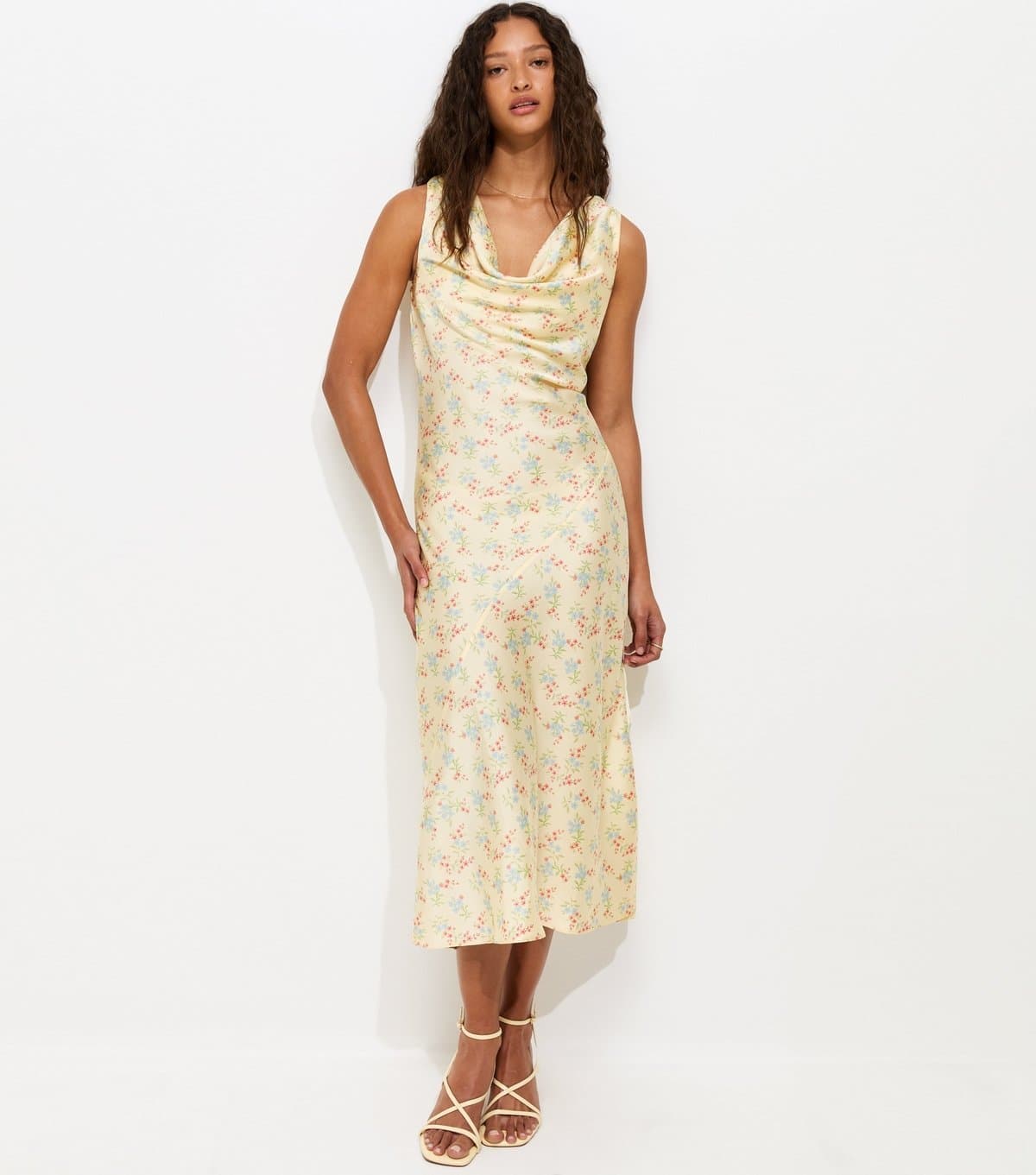 New Look Women's Yellow Satin Floral Cowl Neck Midi Dress New Look