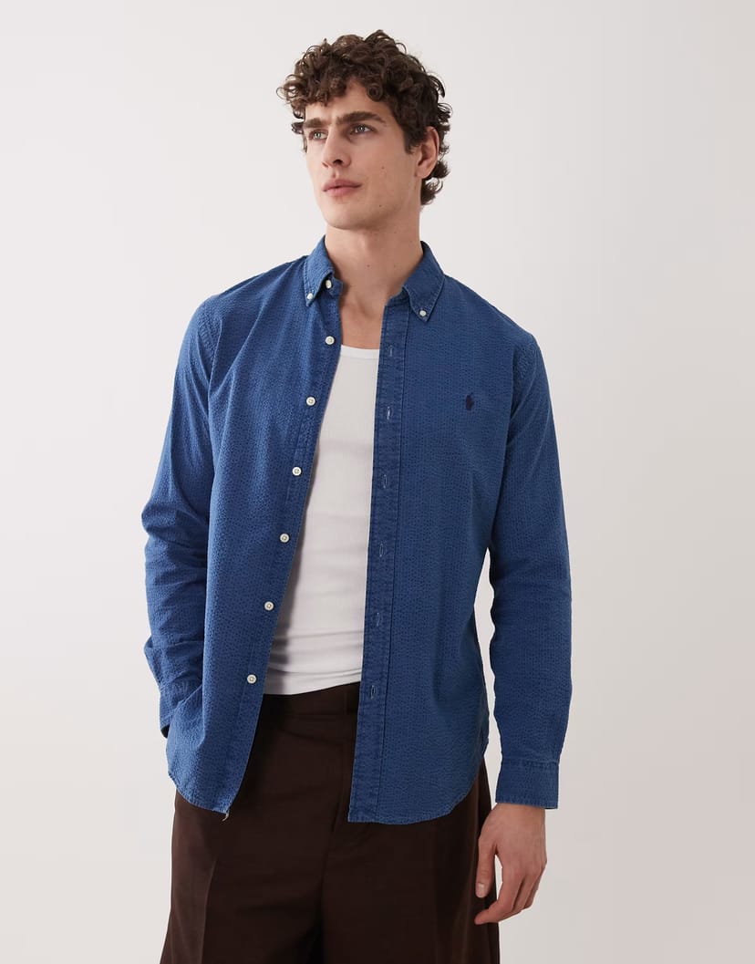 ASOS Polo Ralph Lauren icon logo long sleeve cotton seersucker shirt in indigo - 1