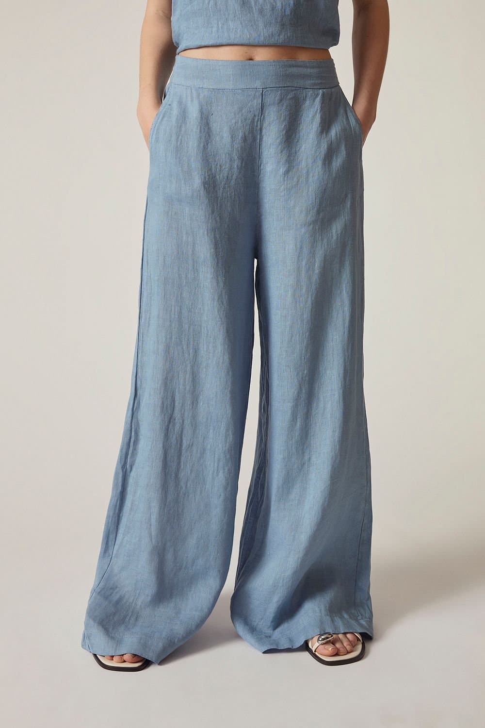 James Lakeland James Lakeland Women's Denim Blue Linen Wide-Leg Trousers in Light Blue
