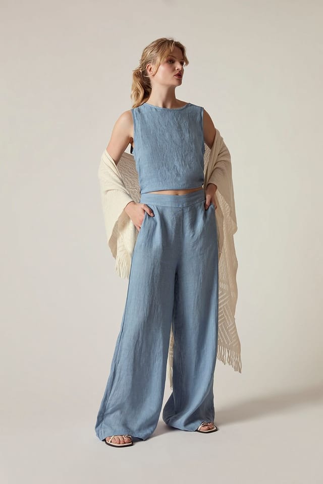 James Lakeland James Lakeland Women's Denim Blue Linen Wide-Leg Trousers in Light Blue - 3