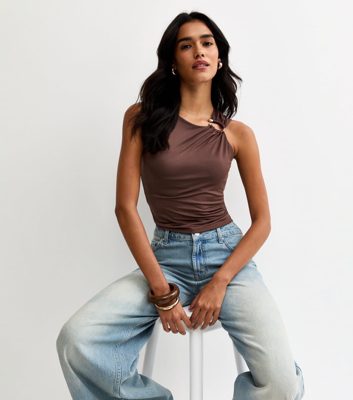 New Look Women's Dark Brown Jersey Asymmetric Hardware Detail Tank Top New Look