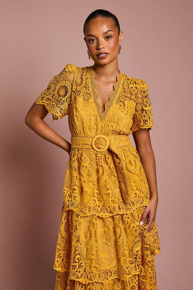 Coast Coast Women's Petite Short Sleeve V Neck Tiered Lace Midi Dress in Gold - 2