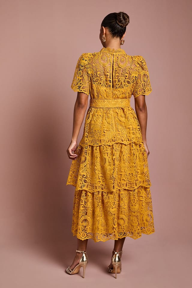 Coast Coast Women's Petite Short Sleeve V Neck Tiered Lace Midi Dress in Gold - 3