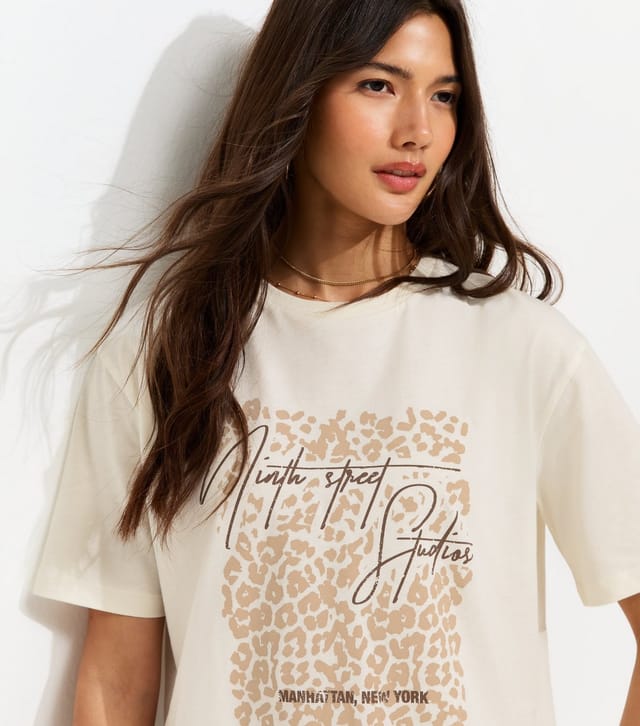 New Look Women's Cream Cotton Leopard Lace Trim T-Shirt New Look - 3