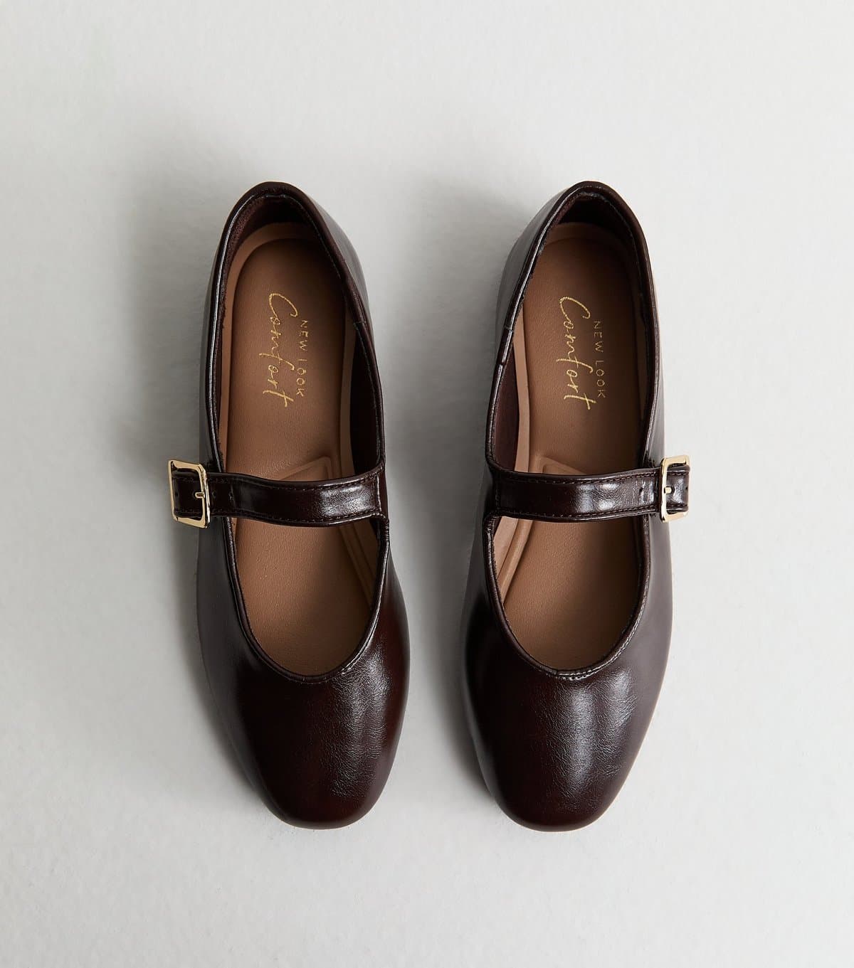 New Look Women's Chocolate Faux Leather Mary Jane Ballet Pumps Vegan New Look