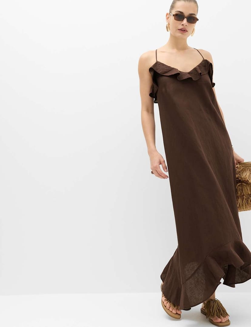 Marks & Spencer M&S Linen Cotton Blend Ruffle Maxi Dress Peat - 1