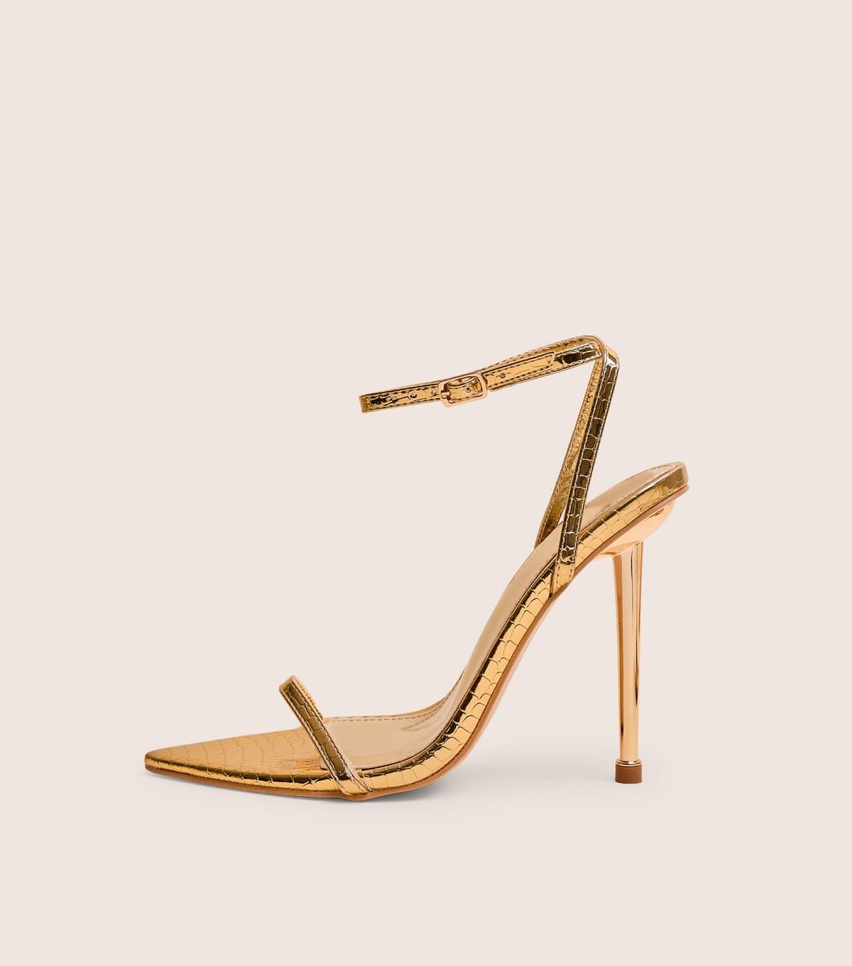 Public Desire Women's Gold Legacy Faux Leather Crocodile Embossed Stiletto Heel Sandals Public Desire New Look