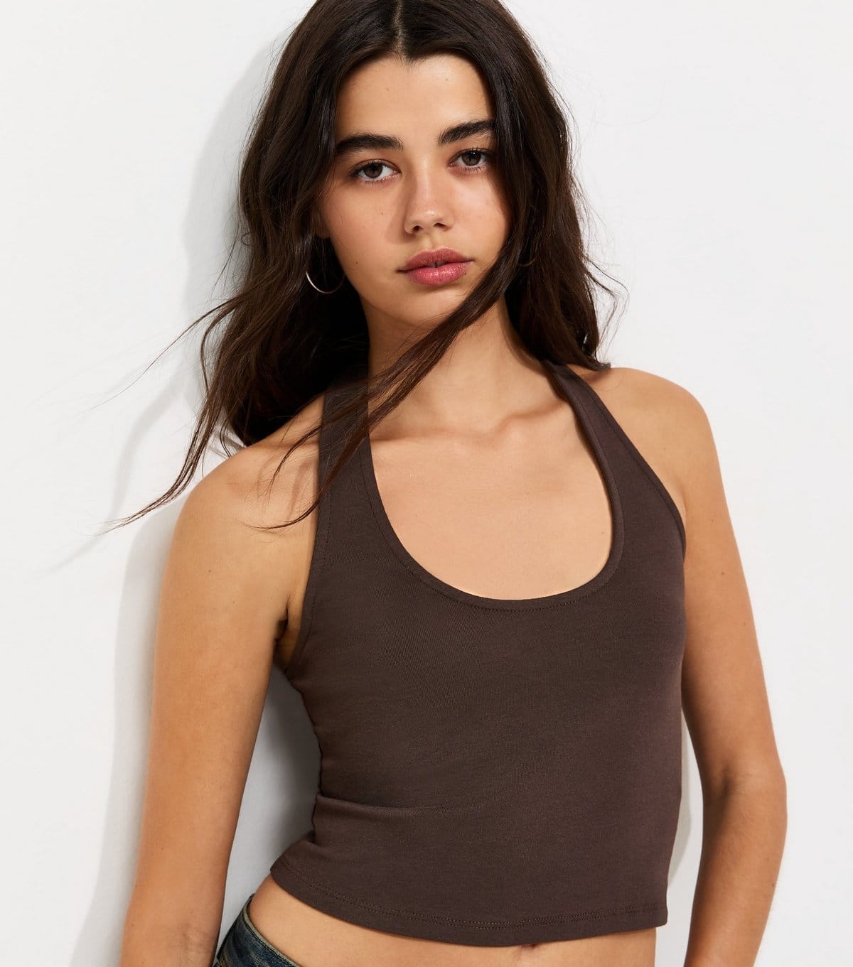 New Look Dark Brown Cotton Rich Halter Neck Top
