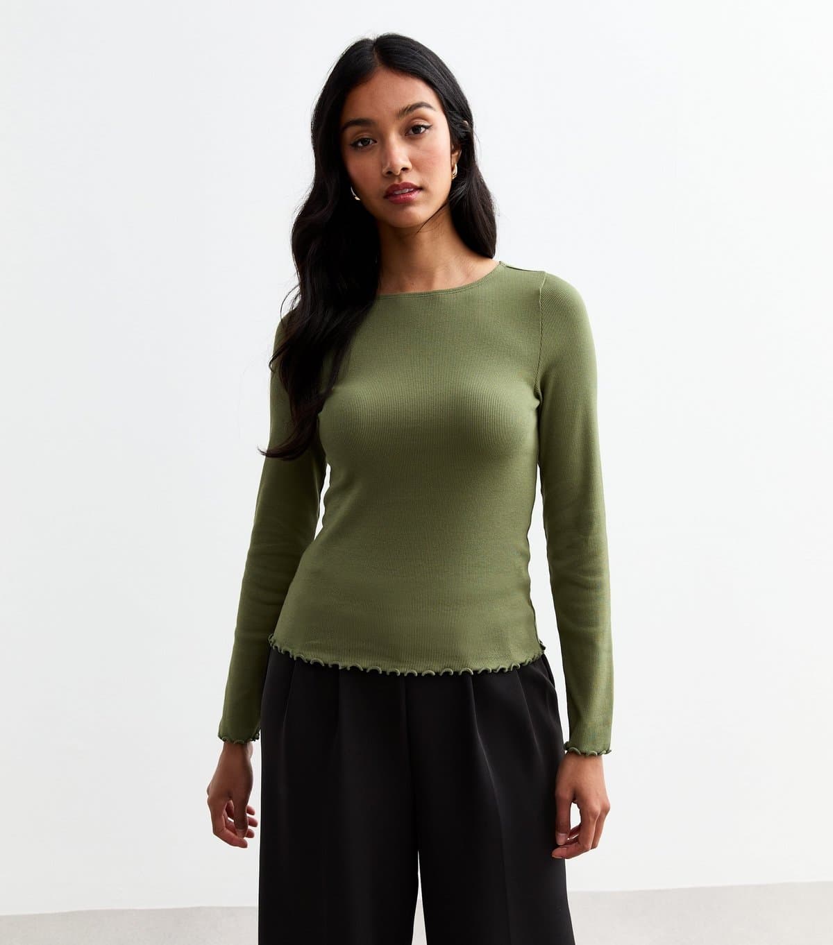 New Look Women's Khaki Ribbed Crew Neck Long Sleeved Top New Look