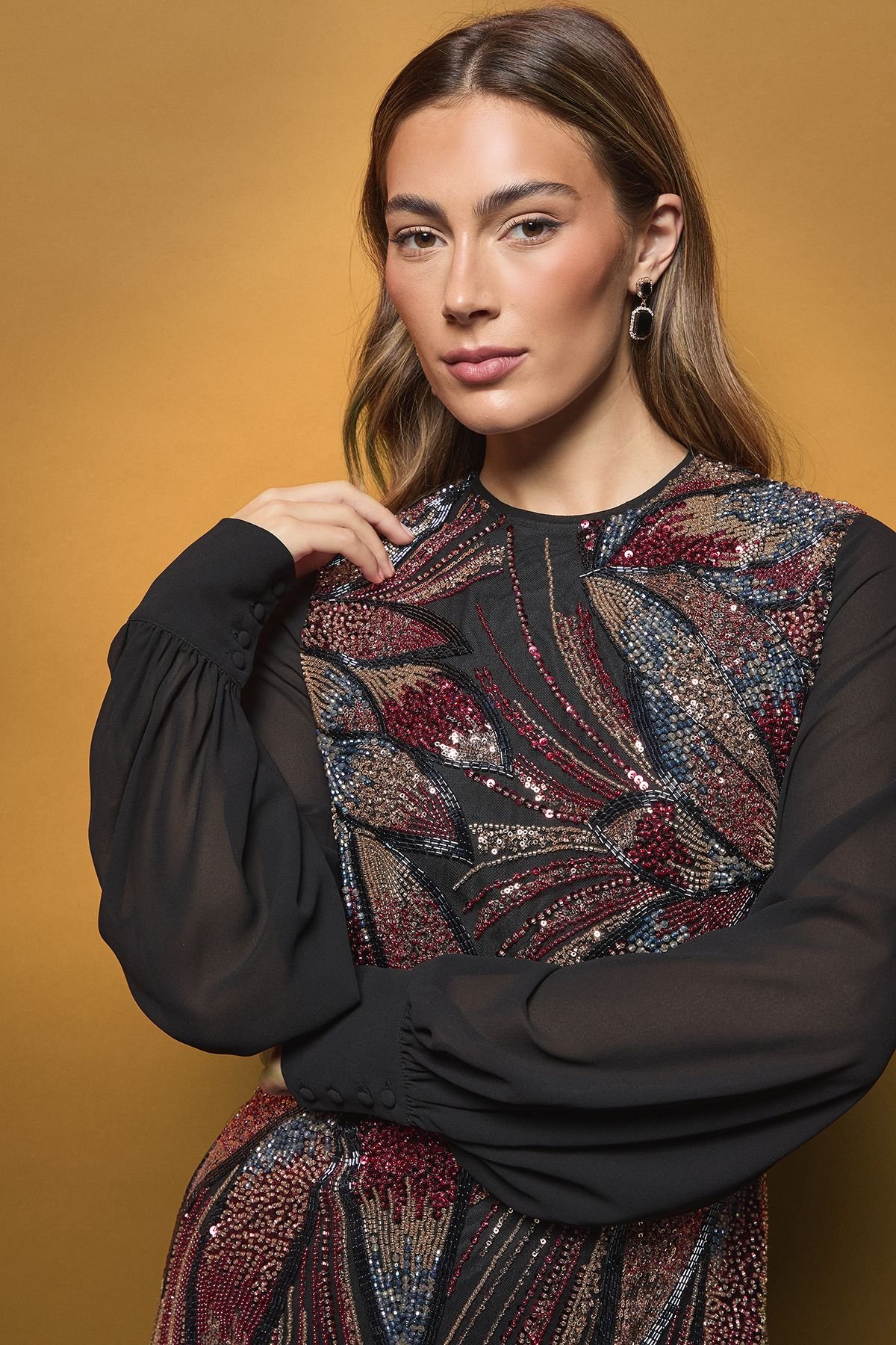 Coast Coast Women's Floral Placement Embellished Long Sleeve Mini Dress in Black - 4