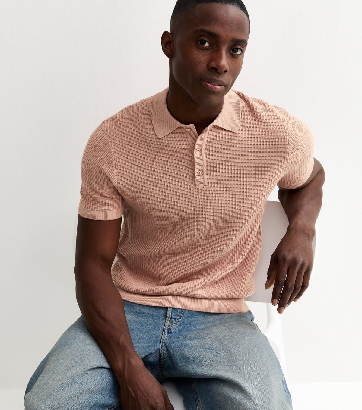 New Look New Look Light Pink Waffle Knit Polo Shirt