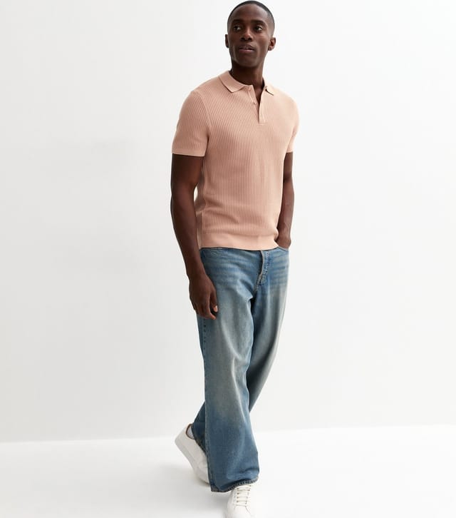 New Look Men's Light Pink Waffle Knit Regular Polo Top New Look - 3