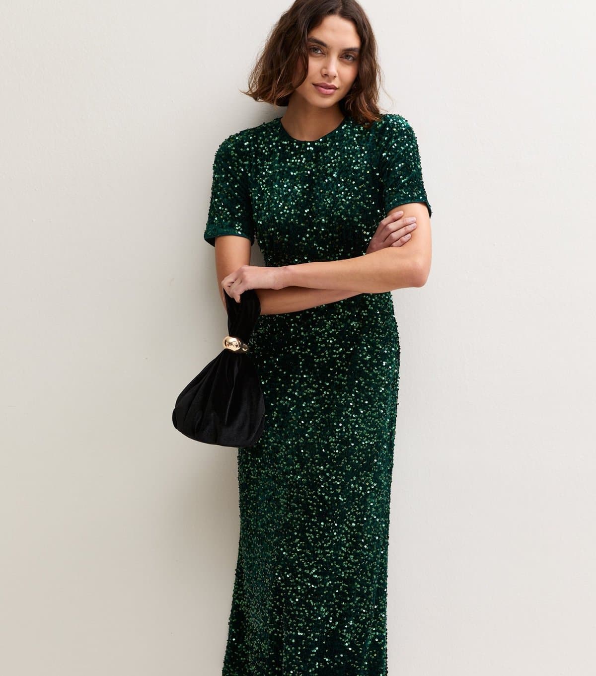 New Look Women's Tall Dark Green Sequin Short Sleeve Midi Dress New Look