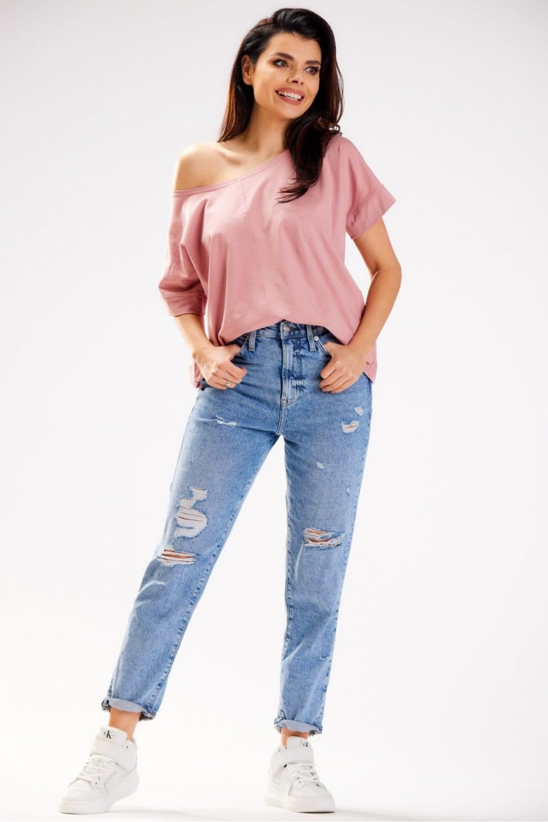 Love Lace Pink Loose T-Shirt with Deep Boat Neck and One Shoulder