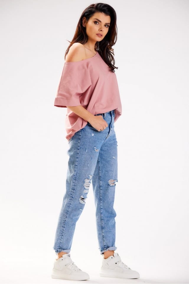 Love Lace Love Lace Women's Loose T-Shirt Deep Boat Neck One Shoulder Poland in Pink - 2