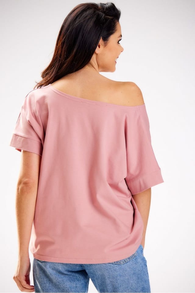 Love Lace Love Lace Women's Loose T-Shirt Deep Boat Neck One Shoulder Poland in Pink - 3