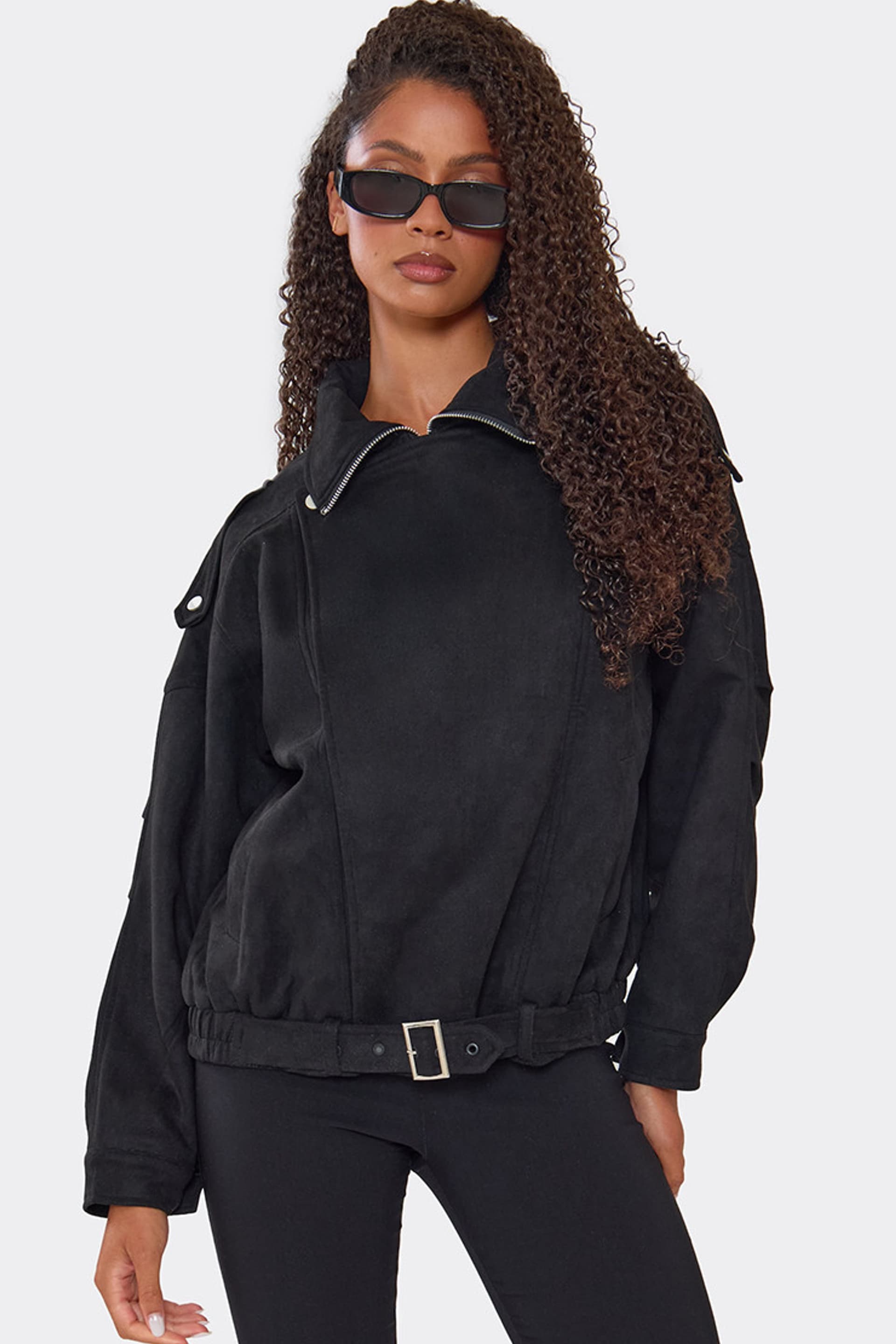 EGO EGO Women's Biker Style Long Sleeve High Neck Faux Suede Jacket in Black