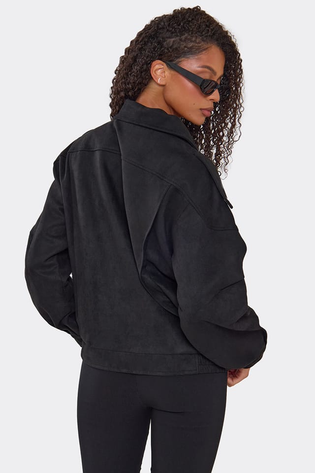 EGO EGO Women's Biker Style Long Sleeve High Neck Faux Suede Jacket in Black - 2