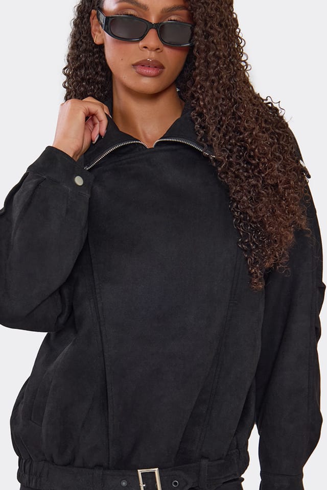 EGO EGO Women's Biker Style Long Sleeve High Neck Faux Suede Jacket in Black - 3
