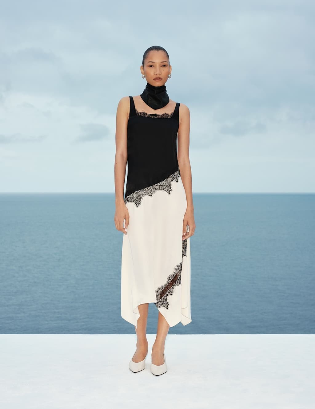 Marks & Spencer M&S Satin Colour Block Lace Trim Midaxi Cami Slip Dress Black Mix