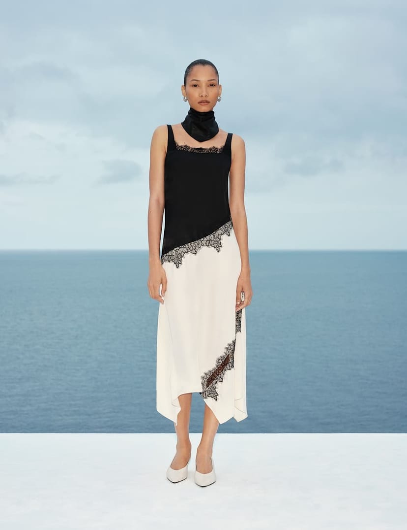 Marks & Spencer M&S Satin Colour Block Lace Trim Midaxi Cami Slip Dress Black Mix - 1