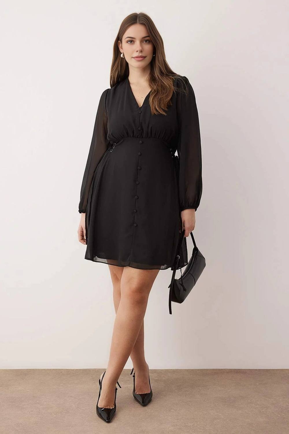 WOVCOR WOVCOR Women's Button Detail V-Neck Sheer Sleeve Mini Dress in Black - 3