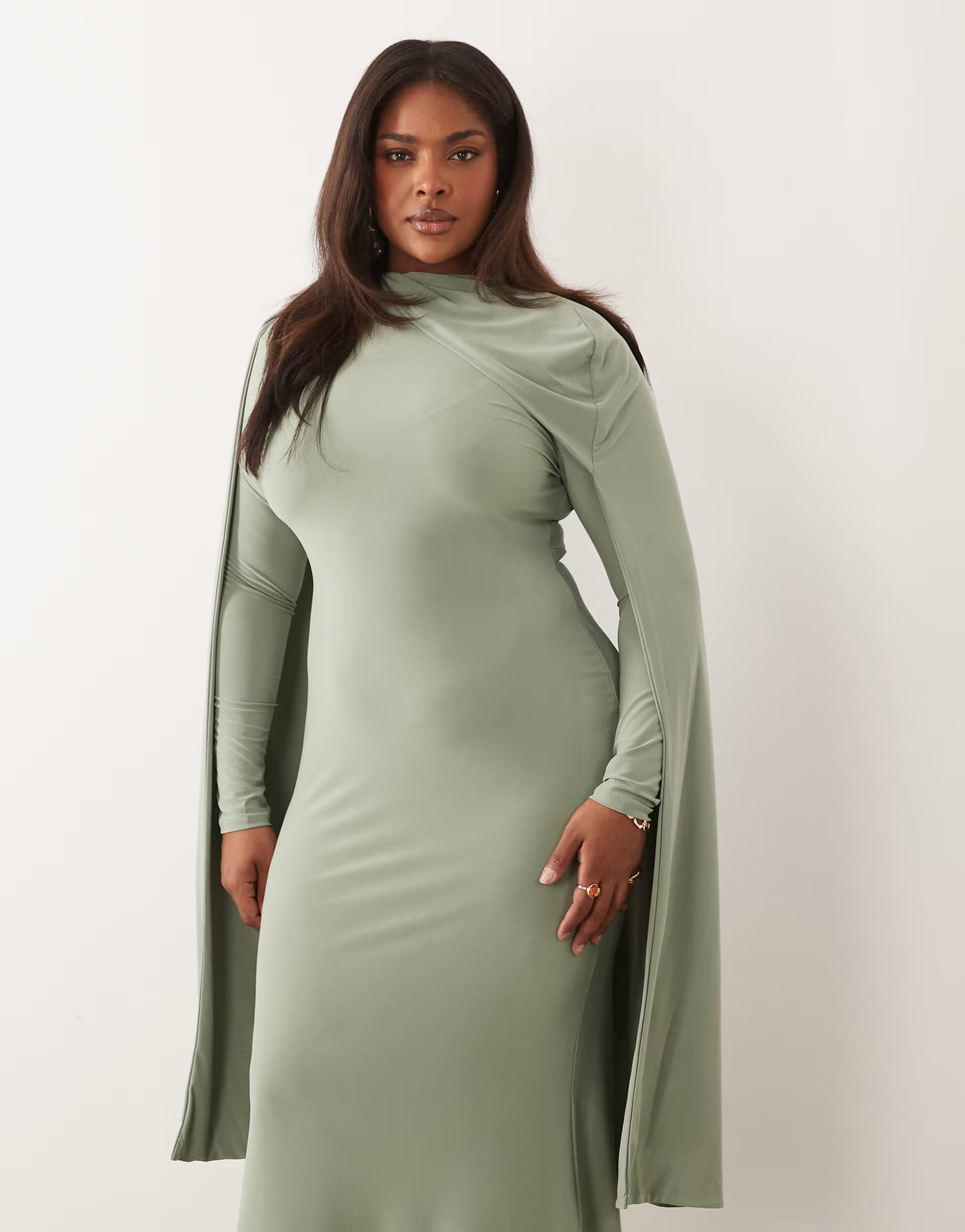 ASOS ASOS DESIGN Curve slinky long sleeve maxi dress with extreme cape shoulder detail in sage green