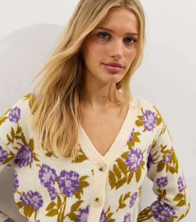 New Look Women's Cream Floral Patterned V-Neck Cardigan New Look - 2