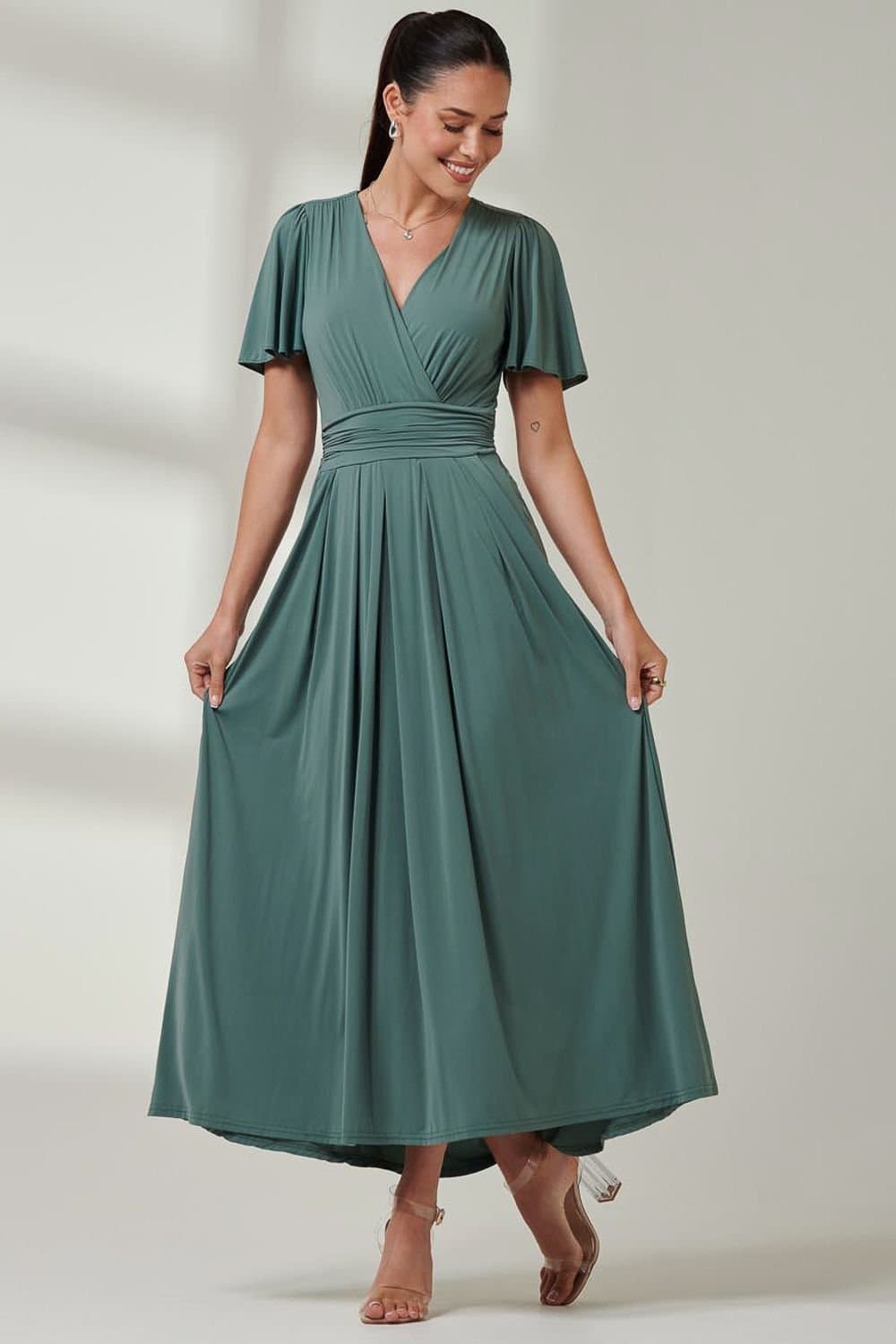Jolie Moi Jolie Moi Women's Angel Sleeve Super-Smooth Jersey Maxi Dress in Pale Green