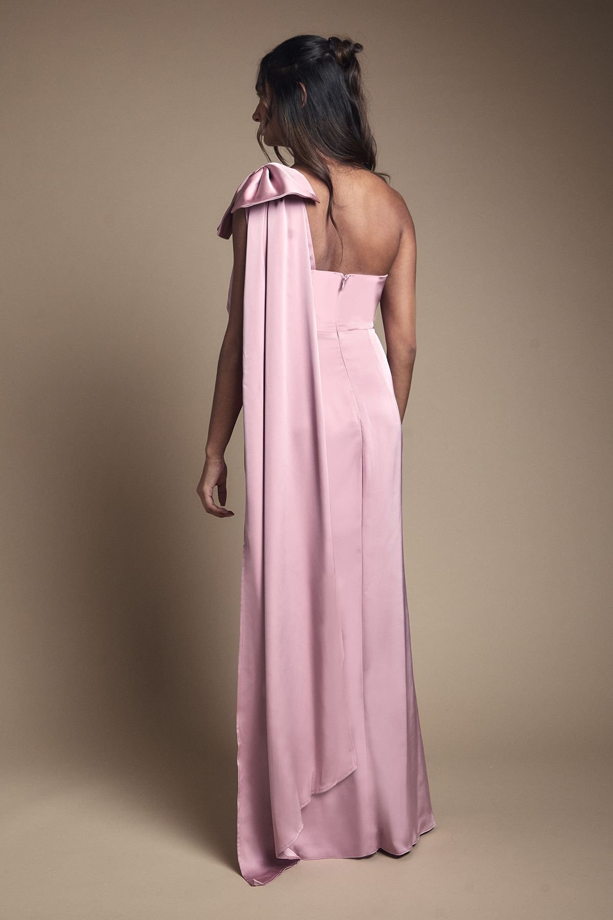 Coast Coast Women's Bow & Drape Detail One Shoulder Satin Bridesmaid Dress in Antique Rose - 3