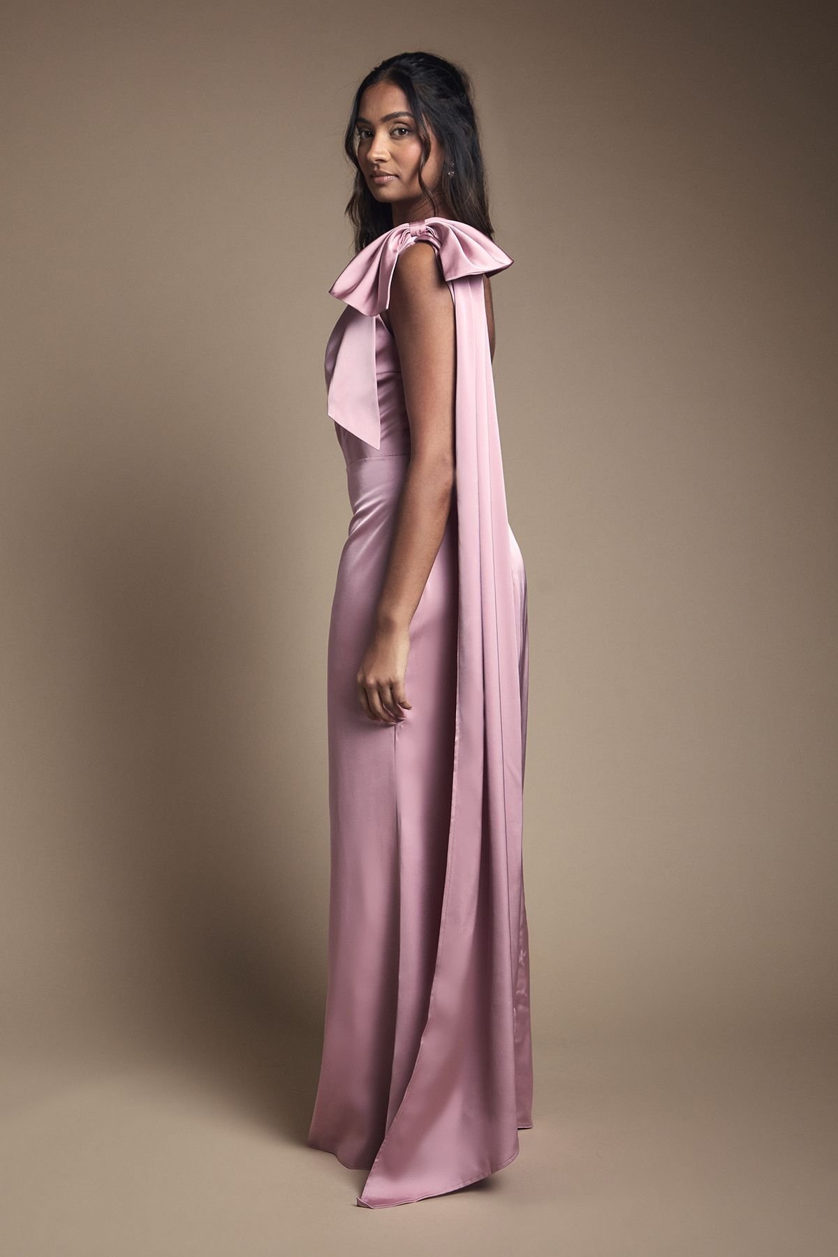 Coast Coast Women's Bow & Drape Detail One Shoulder Satin Bridesmaid Dress in Antique Rose - 4