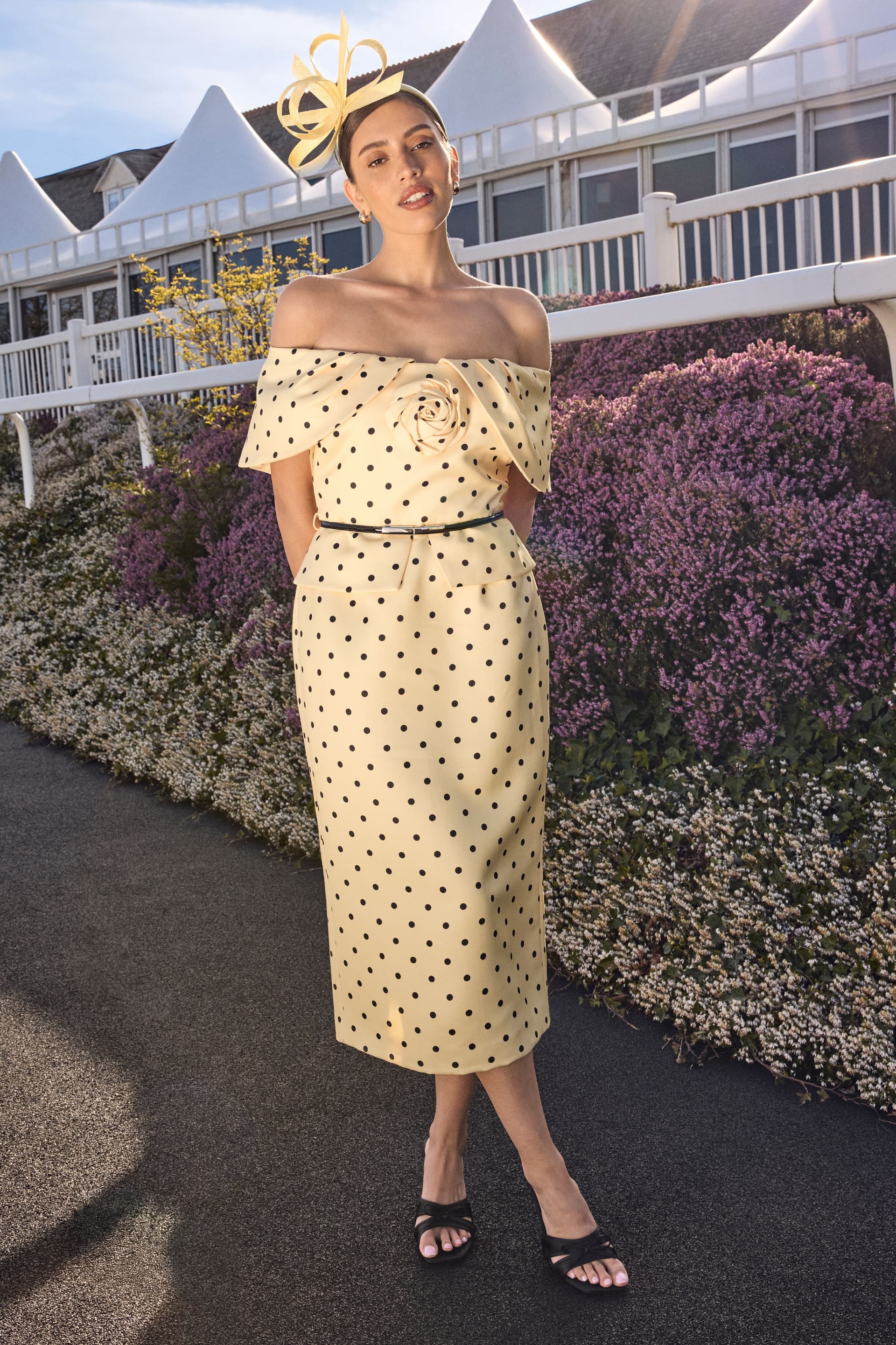 Coast Coast Women's Lisa Tan Spot Print Corsage Off-The Shoulder Pencil Dress in Lemon