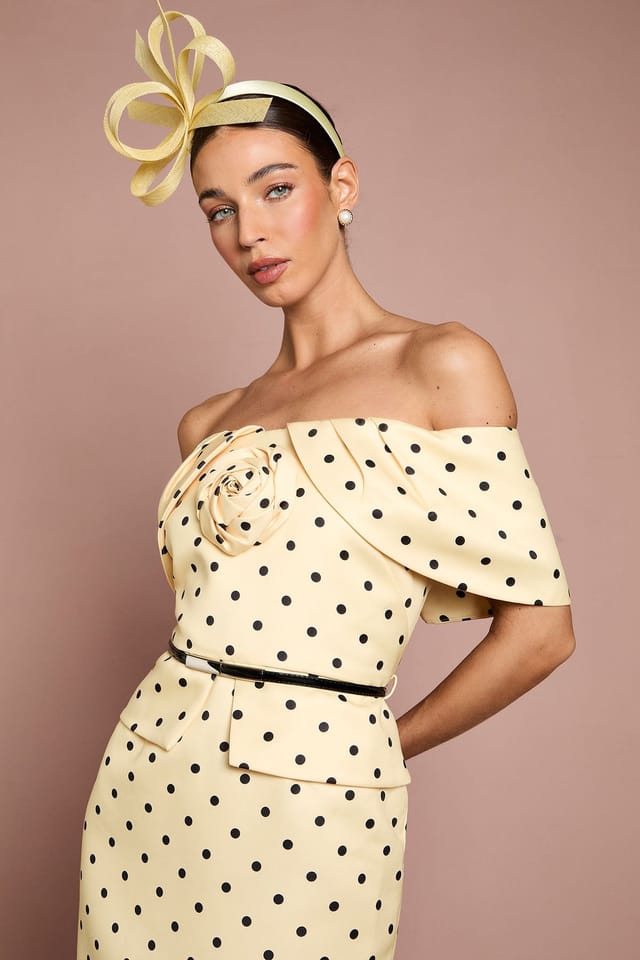 Coast Coast Women's Lisa Tan Spot Print Corsage Off-The Shoulder Pencil Dress in Lemon - 2