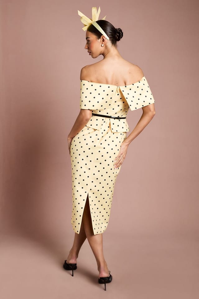 Coast Coast Women's Lisa Tan Spot Print Corsage Off-The Shoulder Pencil Dress in Lemon - 3