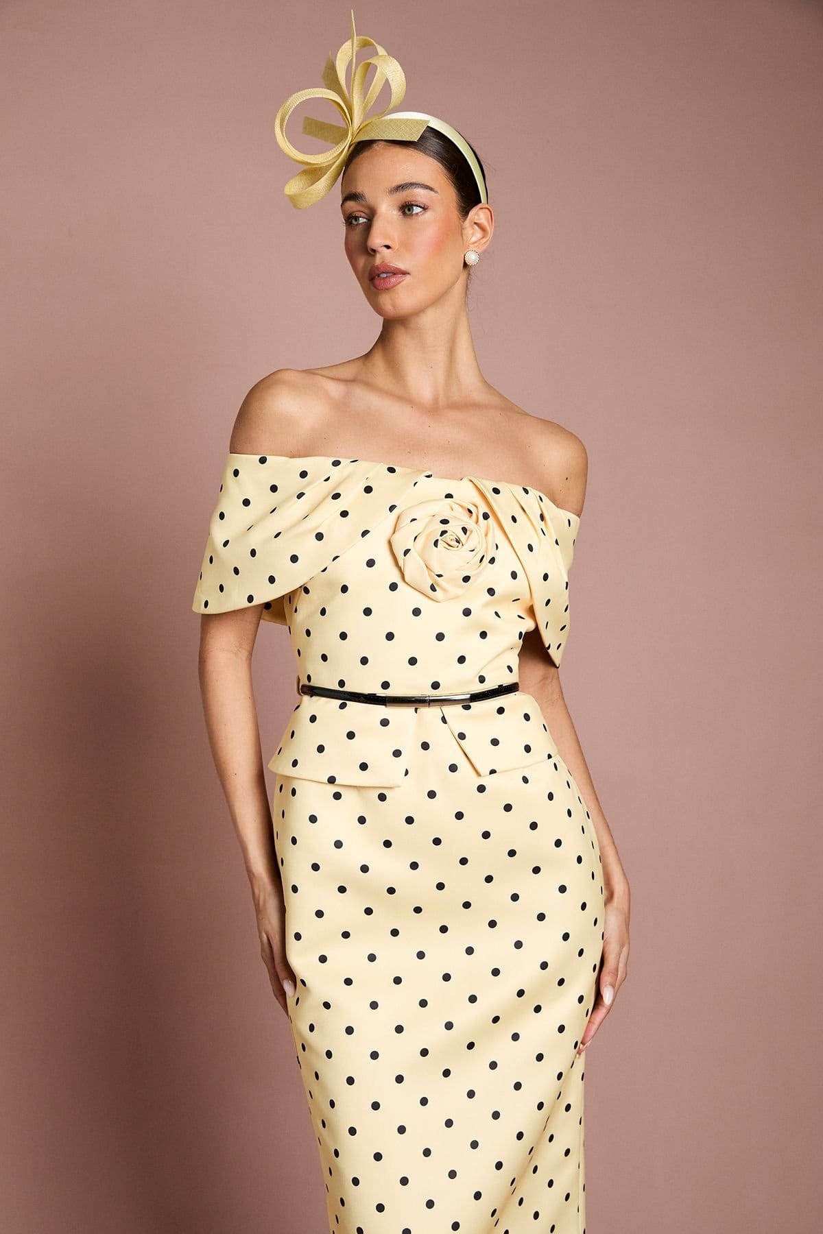 Coast Coast Women's Lisa Tan Spot Print Corsage Off-The Shoulder Pencil Dress in Lemon - 4