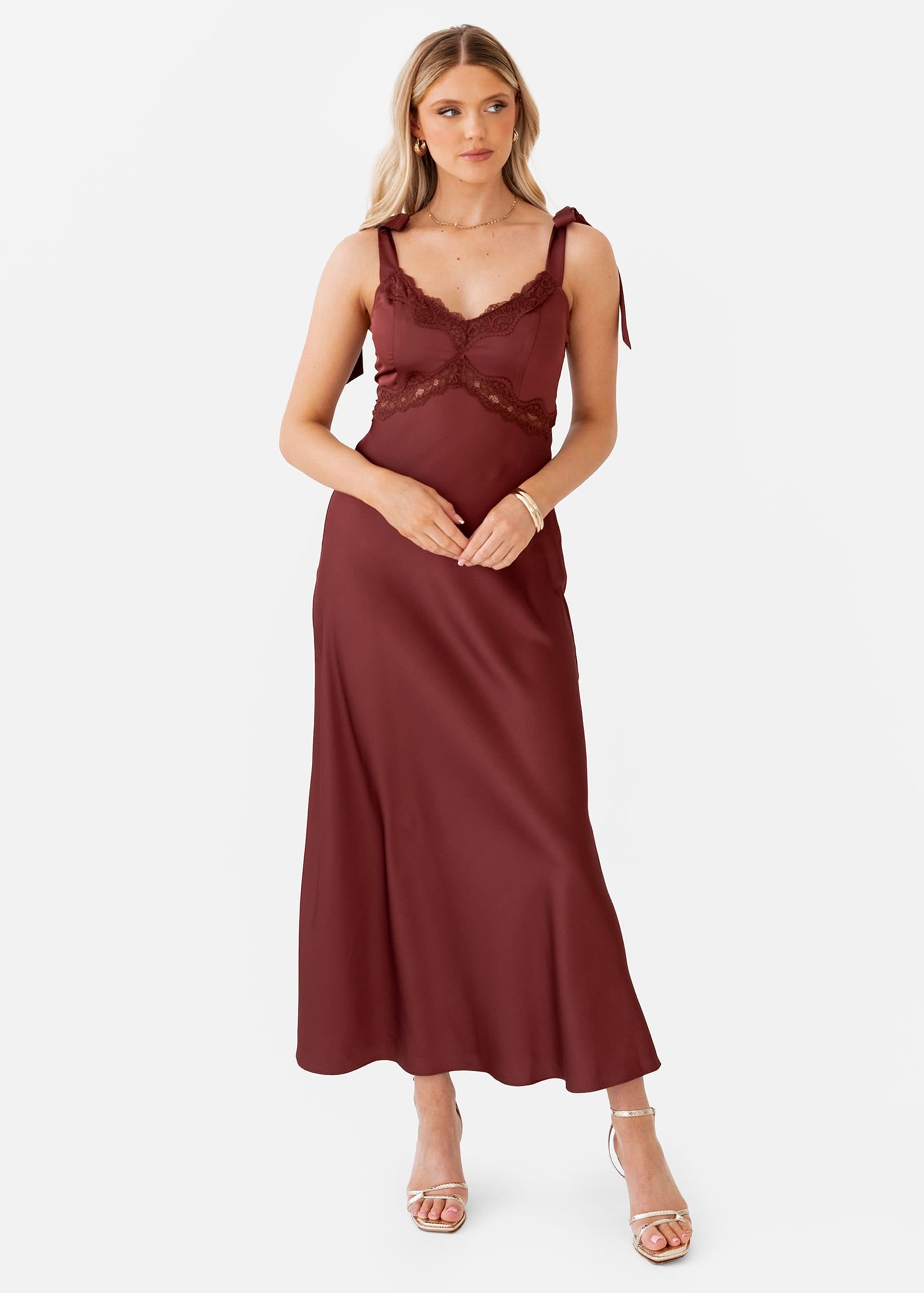 Maya Deluxe Maya Deluxe Women's Strappy Satin Midaxi Dress in Brown