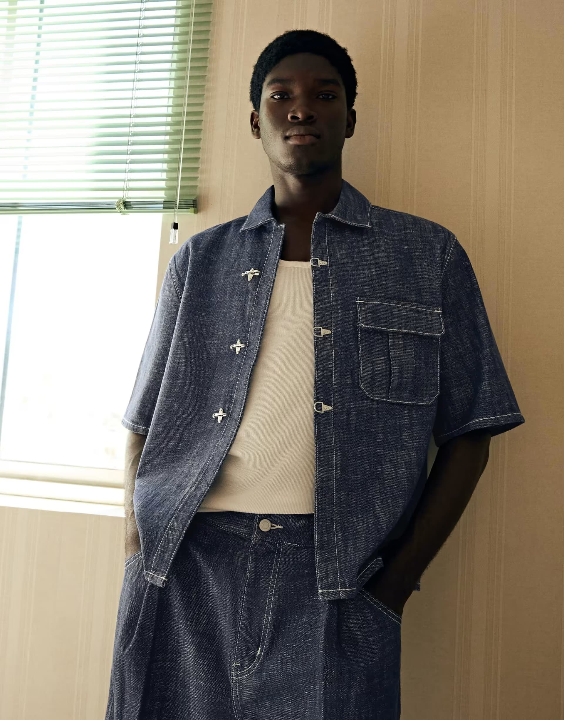 ASOS Bershka Denim short sleeve shirt with clasps in blue