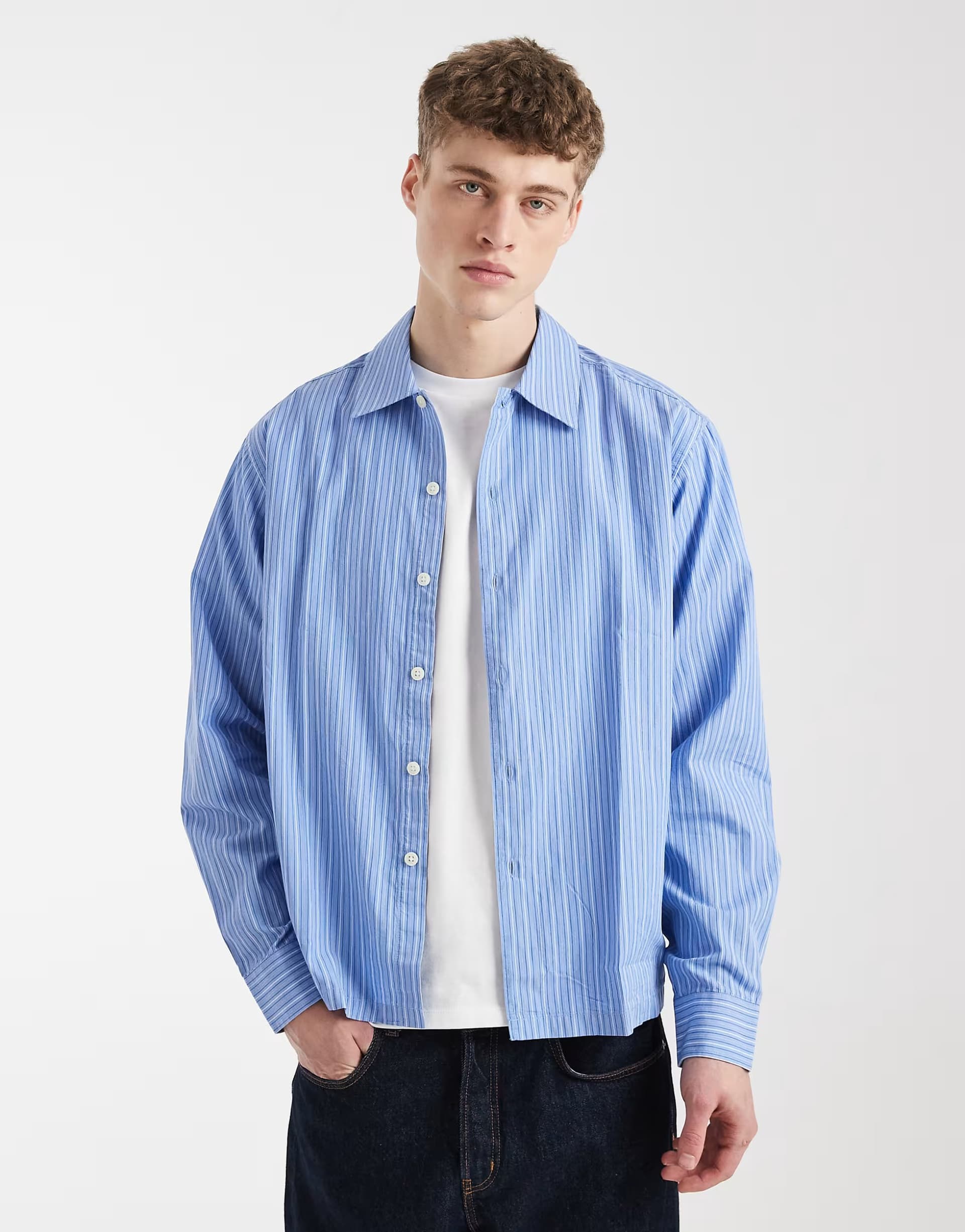 ASOS ONLY & SONS relaxed fit long sleeve shirt in blue stripe