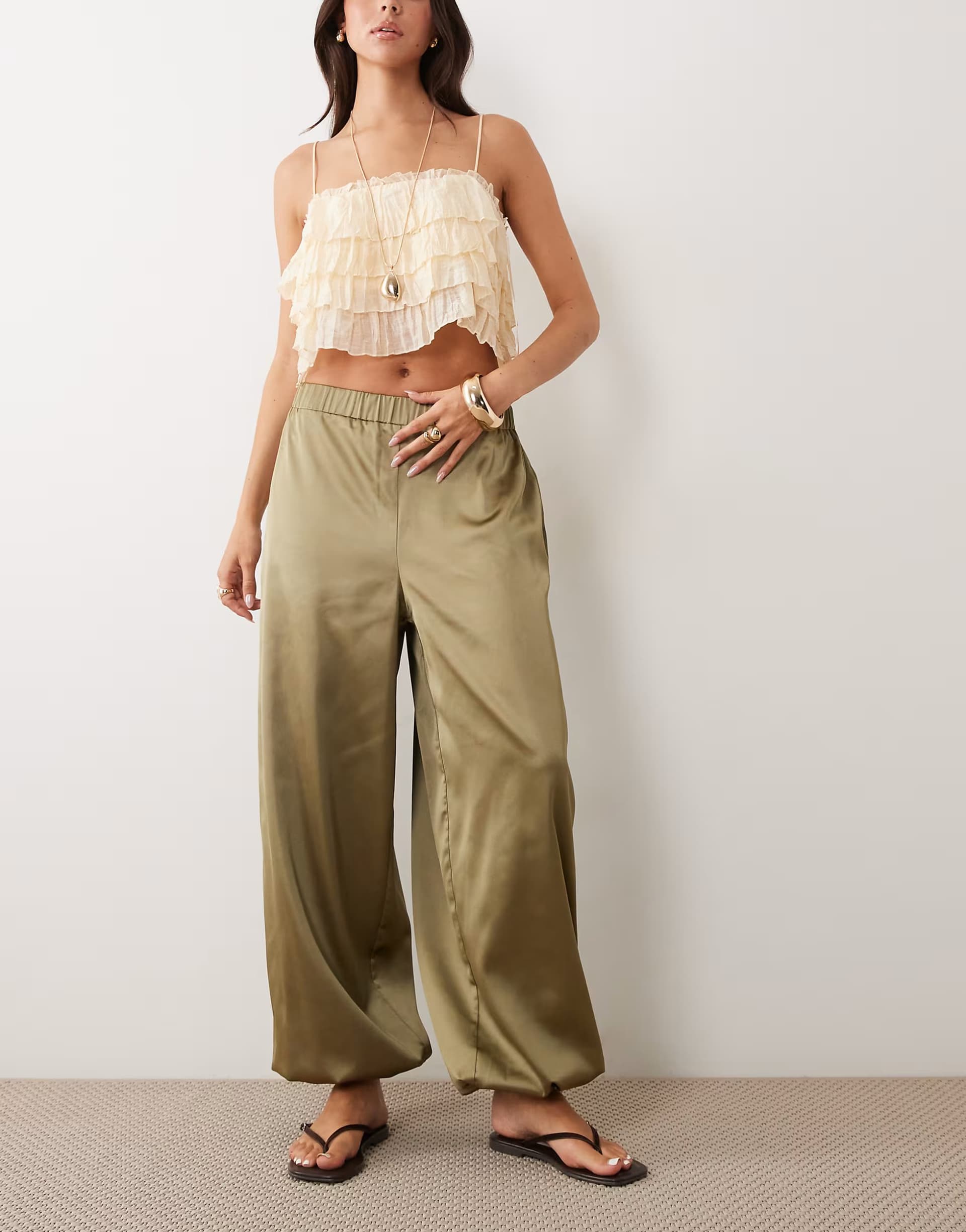 ASOS Miss Selfridge satin balloon trouser in khaki