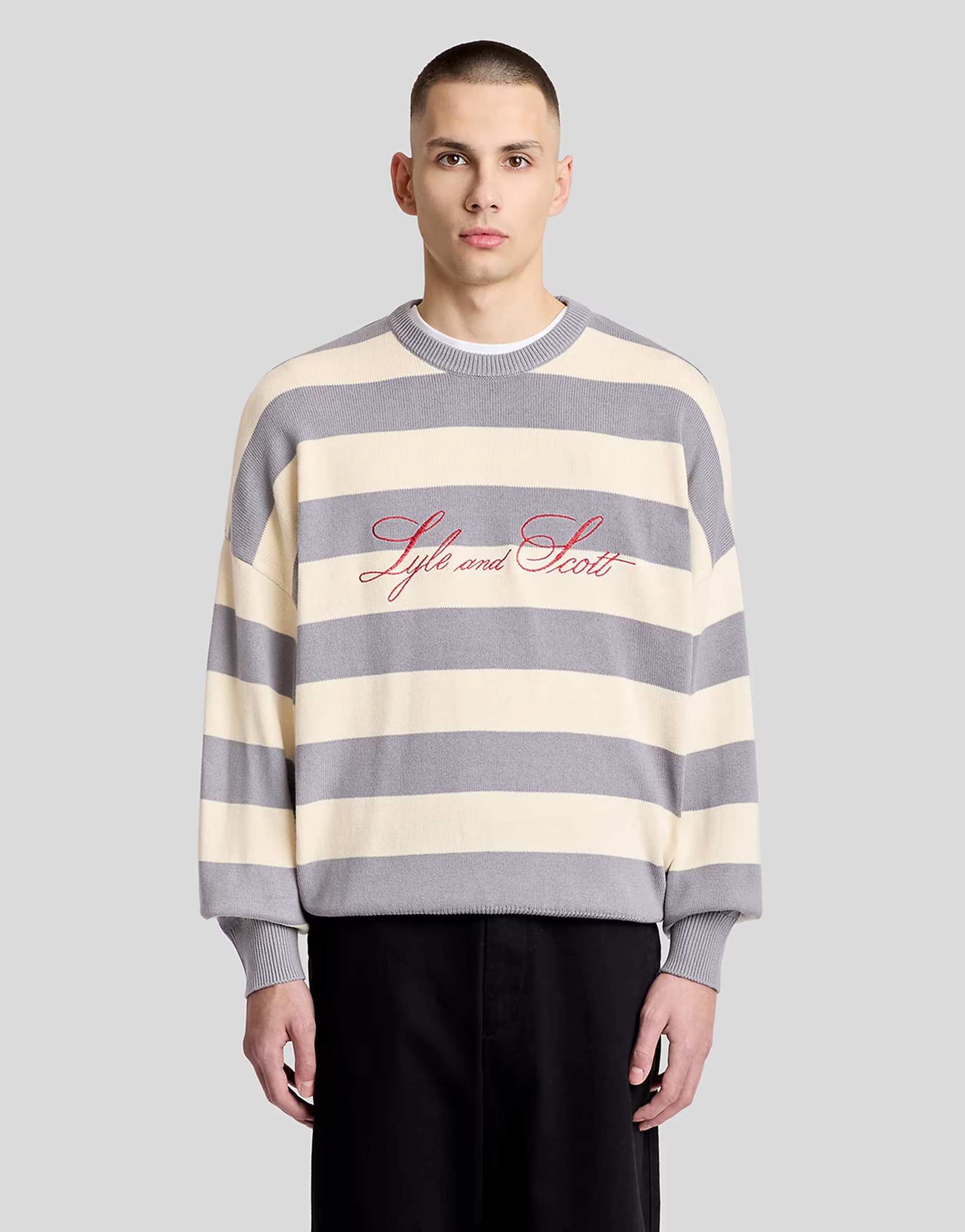 ASOS Lyle & Scott Mid knits striped embroidered jumper in y250 cool grey/ new ecru