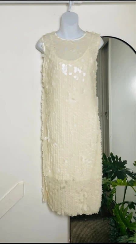 Never Fully Dressed NFD Ivory Sequin Sleeveless Slip Midi Dress Size : 10