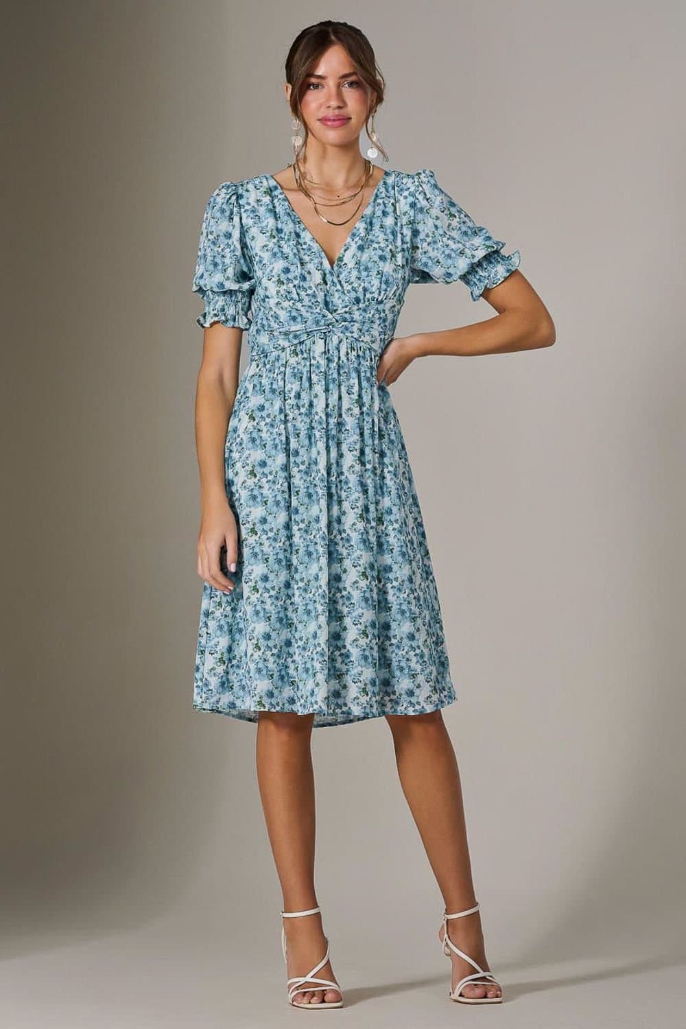 Jolie Moi Jolie Moi Women's Puff Sleeve Midi Dress in Light Blue