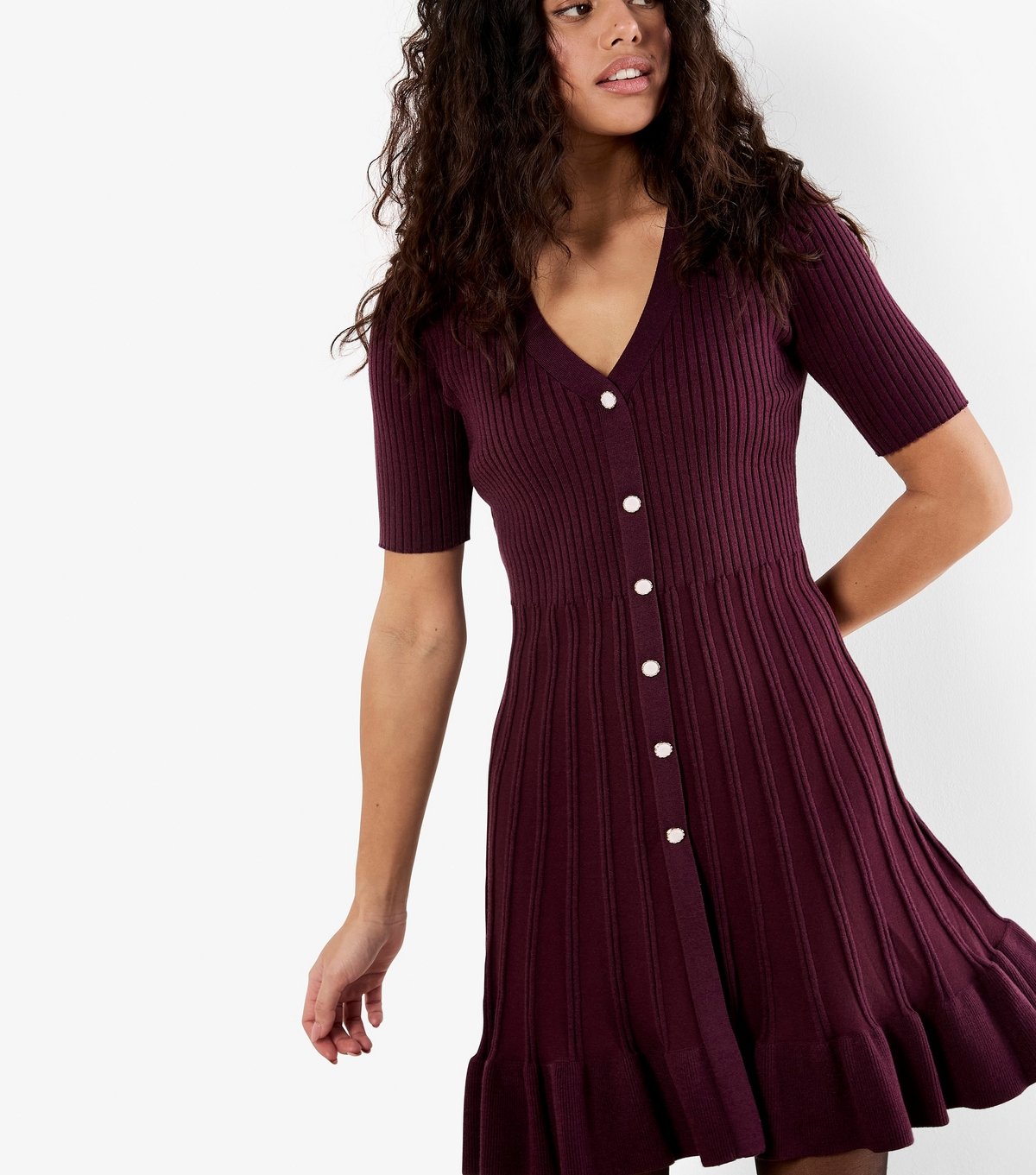 Apricot Women's Burgundy Ribbed Fit and Flare Mini Dress Apricot New Look - 3