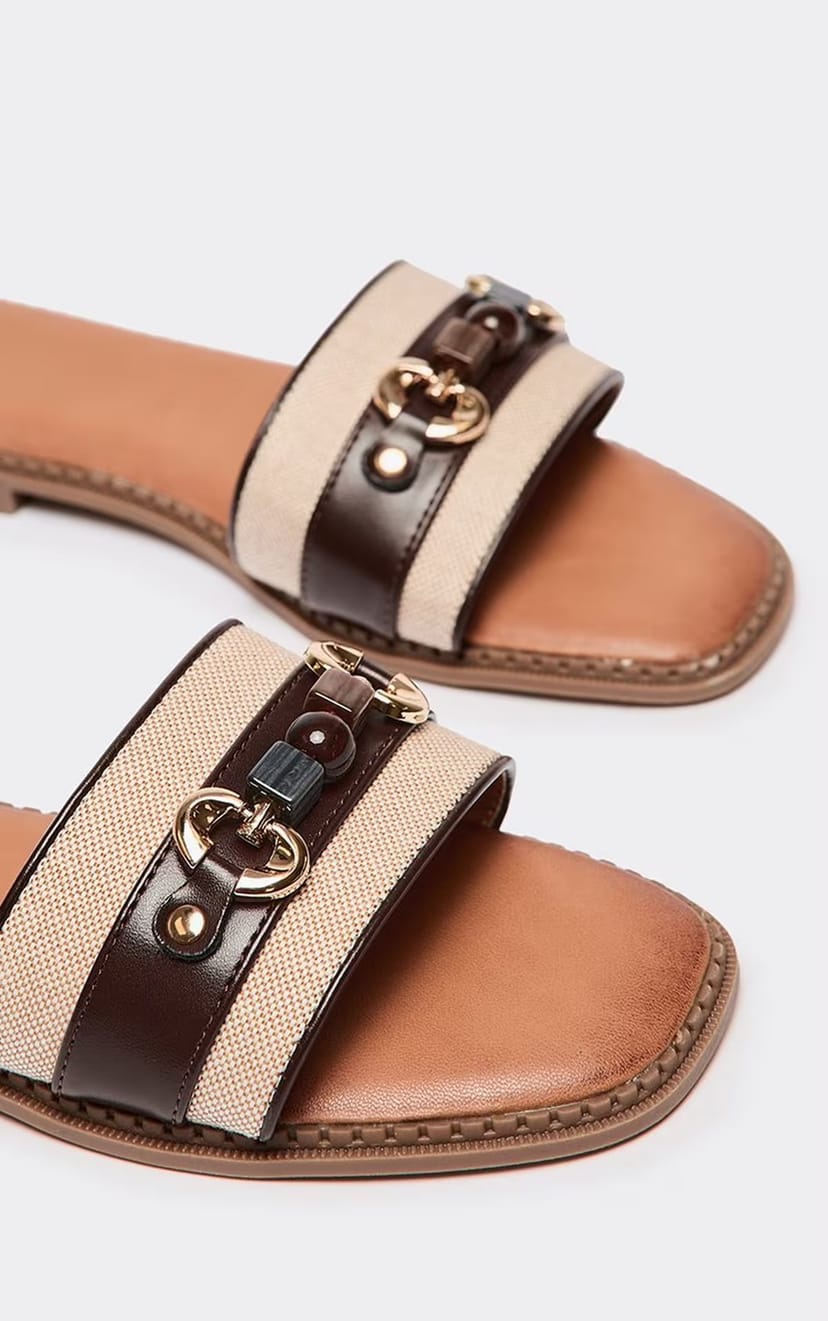 EGO Kyly Lock Detail Woven Strap Flat Slider Sandal In Brown Faux Leather, Women's Size UK 6 - 1