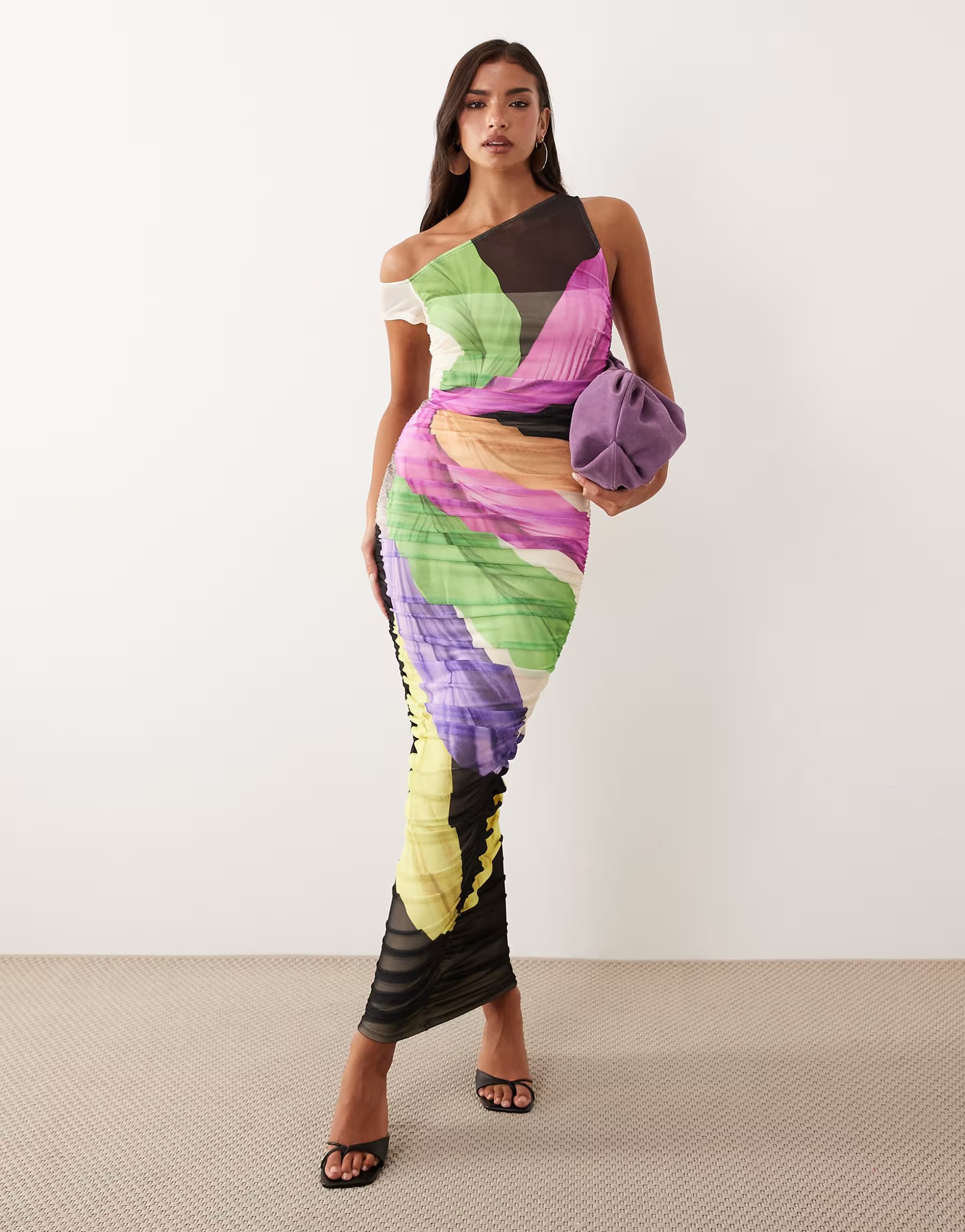 ASOS AFRM Biona asymmetric one shoulder ruched midi dress in bright feather print