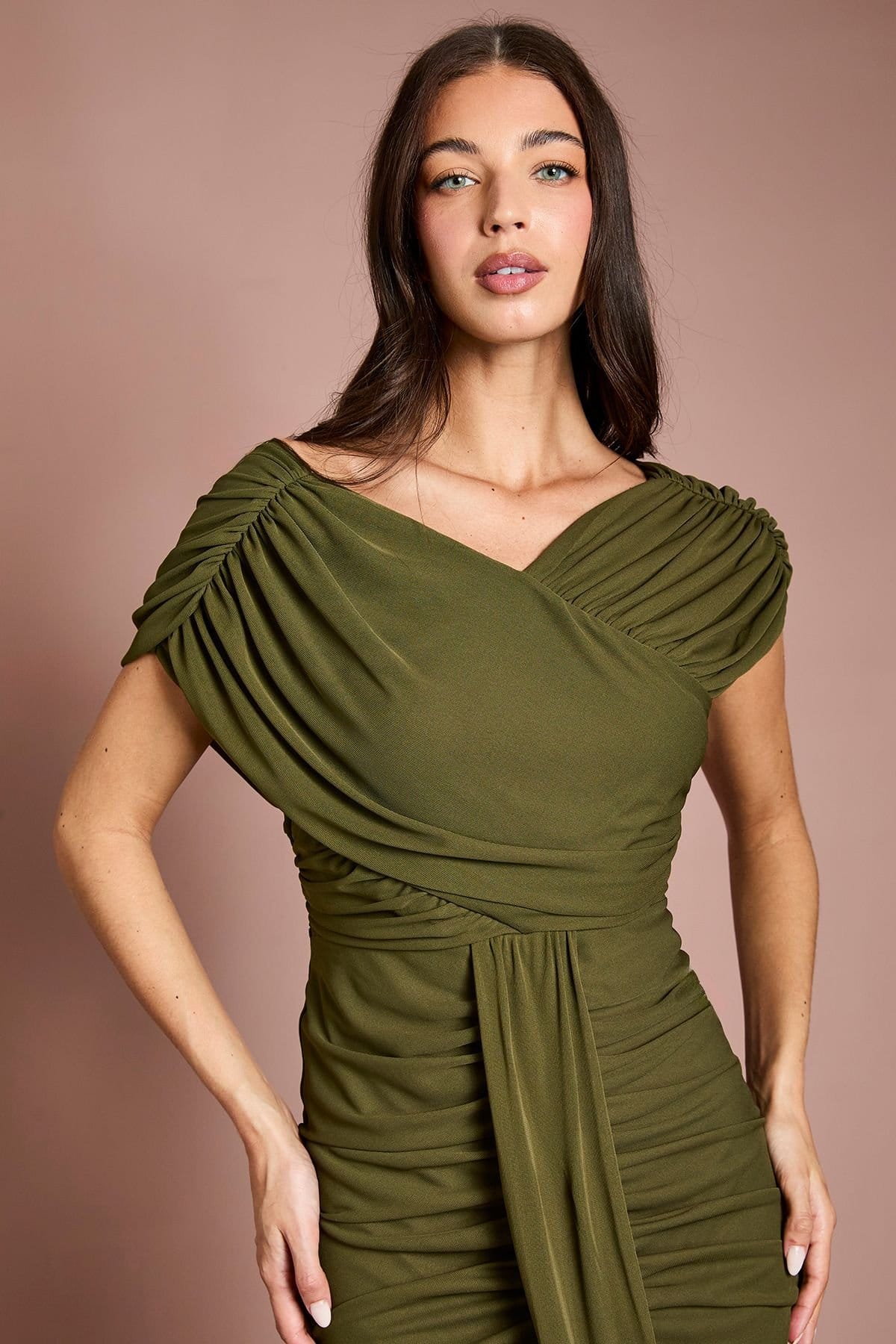 Coast Coast Women's Contour Collective Wrap Front Stretch Jersey Maxi Dress in Khaki - 4