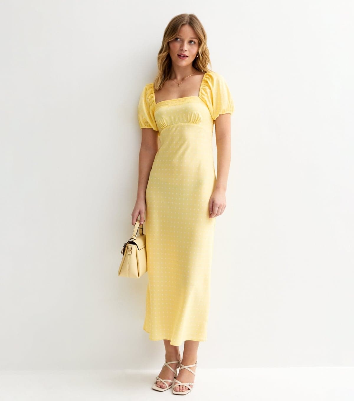 New Look Women's Yellow Polka Dot Puff Sleeve Midi Dress New Look