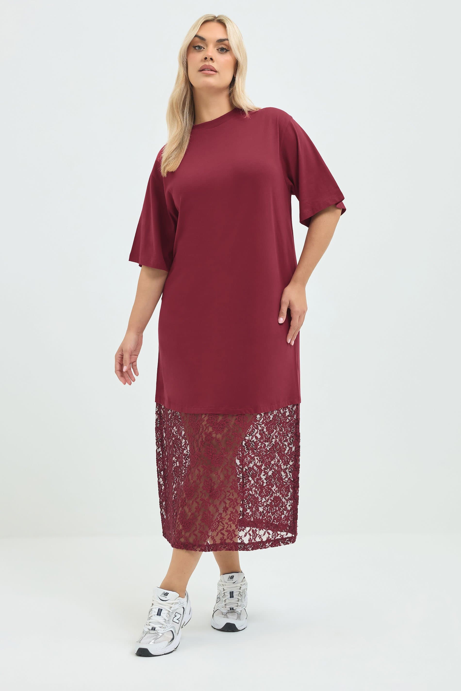 Limited Collection Plus Size Burgundy Red Lace Hem Cotton Dress